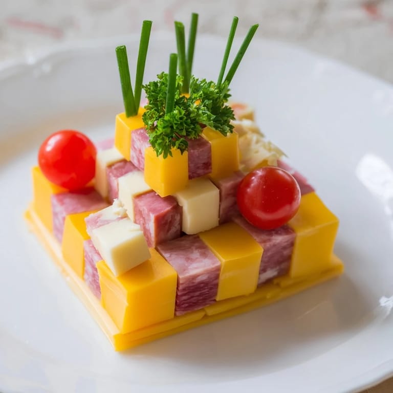 Checkerboard Chalet visually presents cheese and meats; a unique appetizer built as a charming chalet.