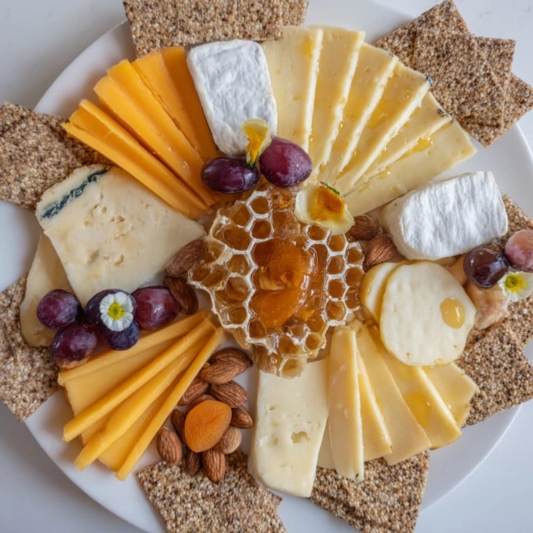 Visualize this Gilded Hive, an elegant cheese board with a radiating arrangement, drizzled with honey, ready to serve.