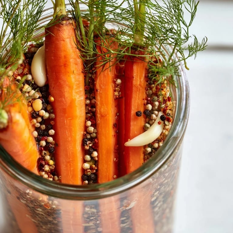 Close-up of Quick Pickled Carrot Spears, glistening in jar with garlic and peppercorns, delicious side.
