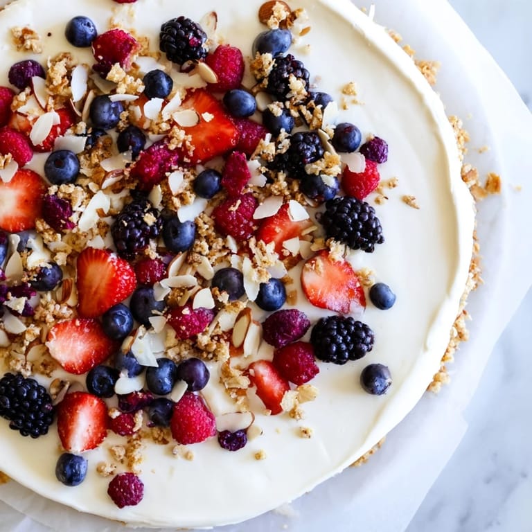 Frozen, colorful Berry Yogurt Bark, a healthy mix of yogurt, fruit and delicious toppings.