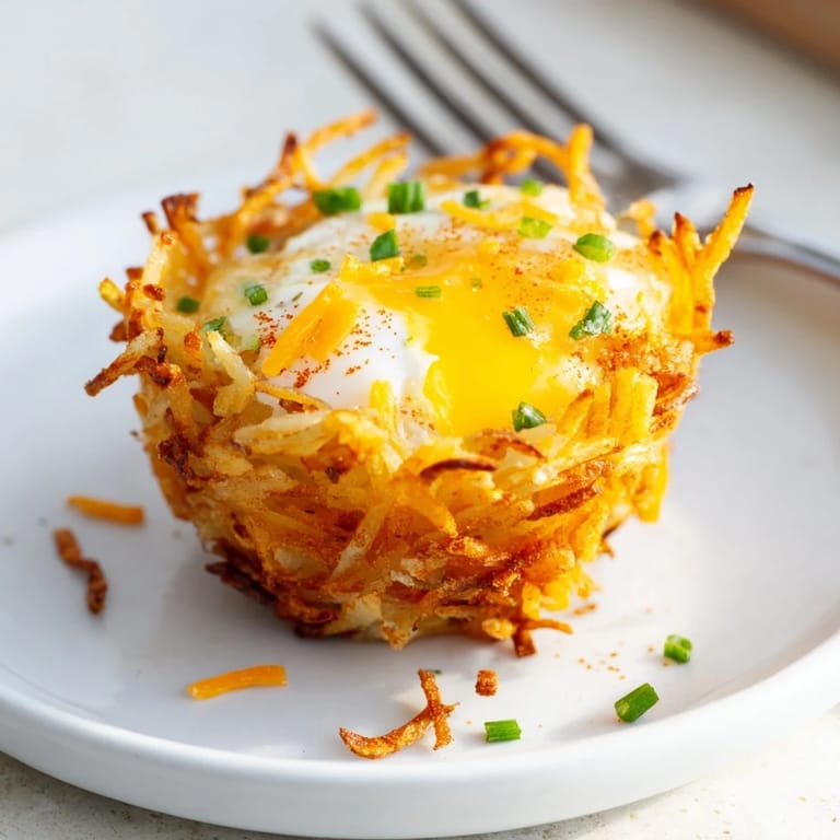 Imagine warm, savory Crispy Hashbrown Egg Nests, a delightful American breakfast served with fresh chives.