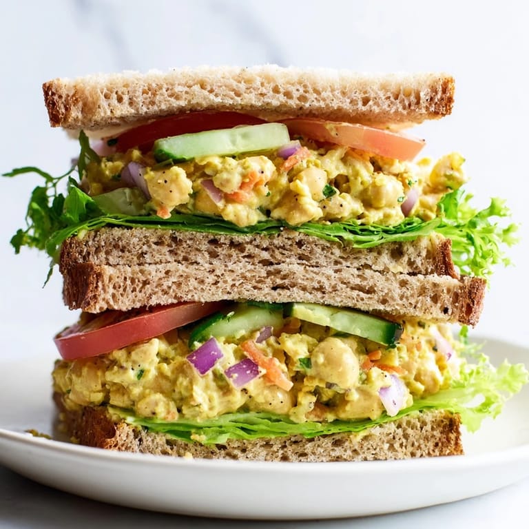 A close-up of a delicious and creamy Easy Chickpea Salad Sandwich, ready to eat with fresh ingredients.