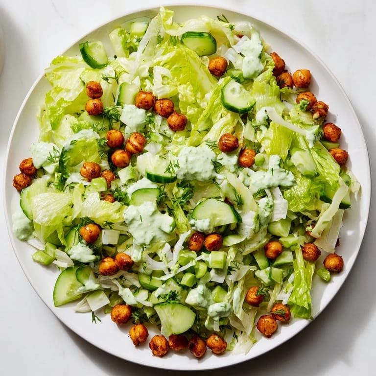 Vibrant Green Goddess Salad: a bowl full of greens and chickpeas, perfectly dressed and ready to enjoy.