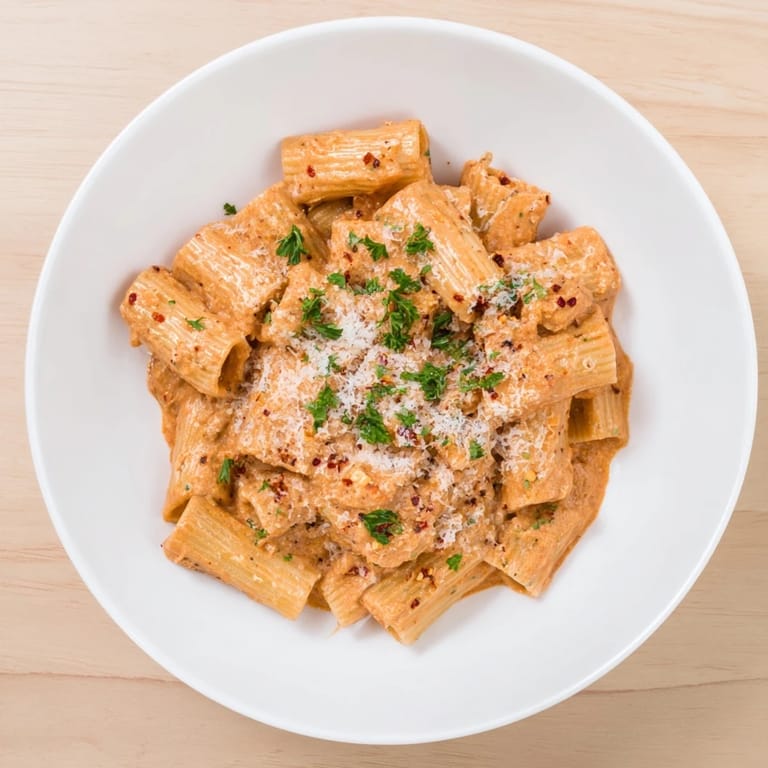 Delicious Gigi Hadid-Style Spicy Rigatoni, a comforting pasta dish with a kick from chili flakes, steaming hot.