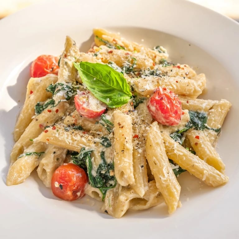 Close-up of the delicious Cottage Cheese High-Protein Creamy Pasta with spinach and tomatoes.