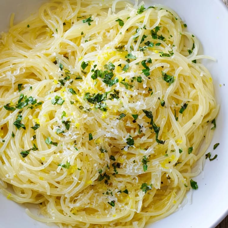 Close-up of golden Lemon Capellini pasta, the lemon butter sauce glistening with fresh herbs and zest.