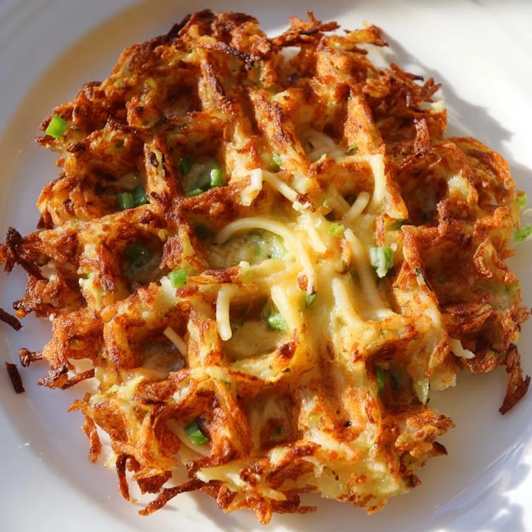 Steaming hot Cheesy Hash Brown Waffles with melted cheese and fresh green onions, ready to eat alongside sour cream.