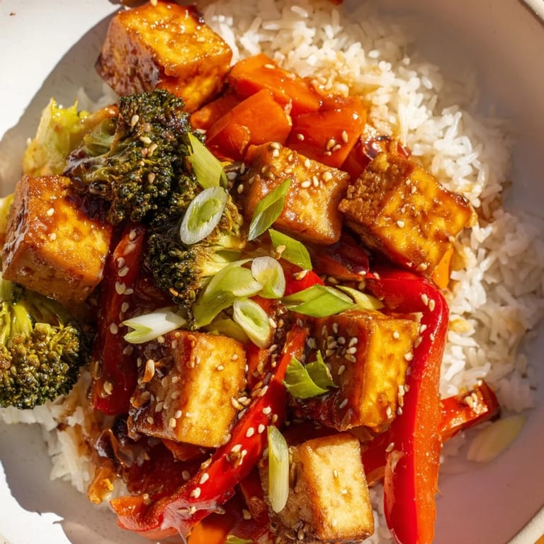 A close-up of a steaming Honey Garlic Tofu Bowl, showcasing the sticky sauce and fluffy rice.