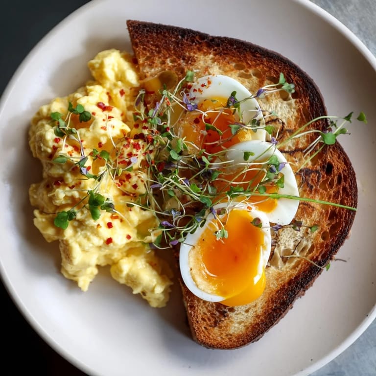 Breakfast delight: Indulge in an Egg Flight Toast featuring fluffy scrambled, soft-boiled, and fried eggs.