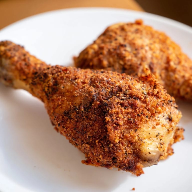 Close-up of freshly fried KFC crispy chicken, showcasing the perfectly textured, spiced, and crunchy coating.