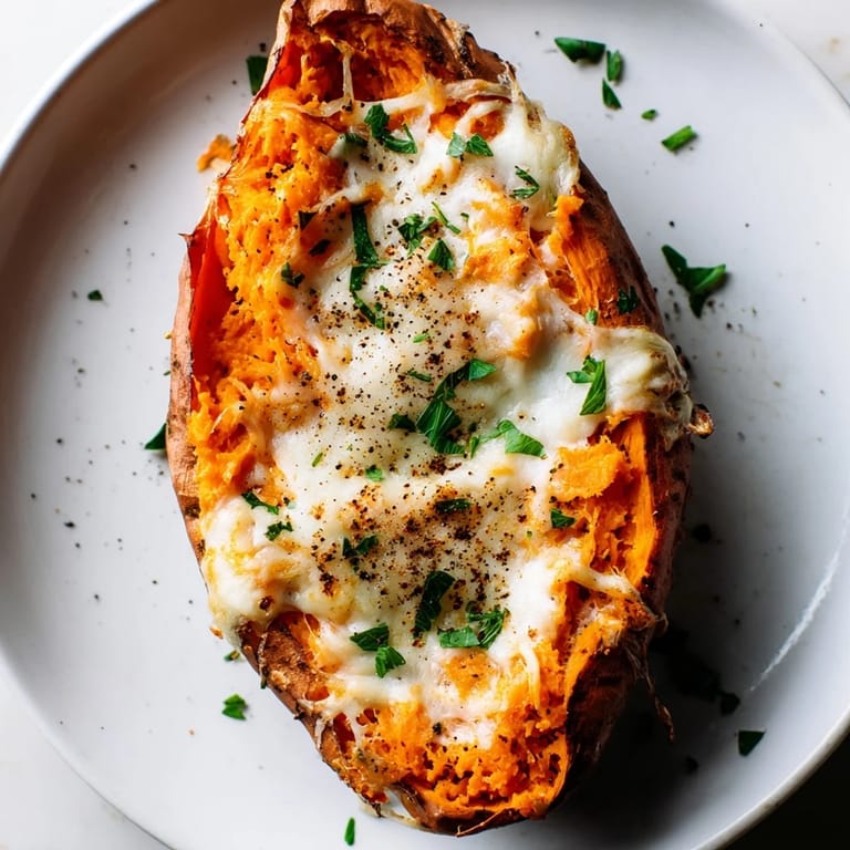 A close-up of a warm and filling Sweet Potato & Cheese Whole Roast with herbs on top.