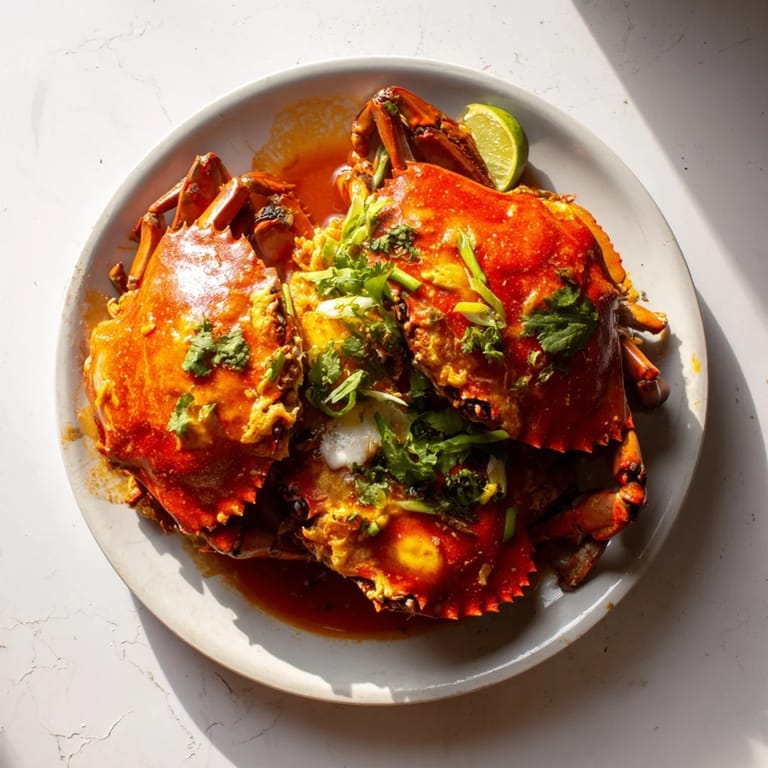 Close-up of succulent Singaporean Chili Crab with its vibrant red, spicy chili sauce, garnished with fresh cilantro.