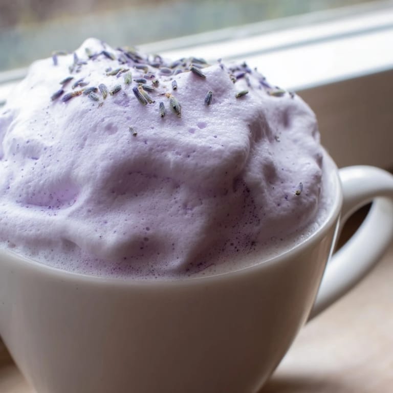 Homemade lavender latte with fragrant floral notes, served warm with a delicate cloud of frothy milk.  