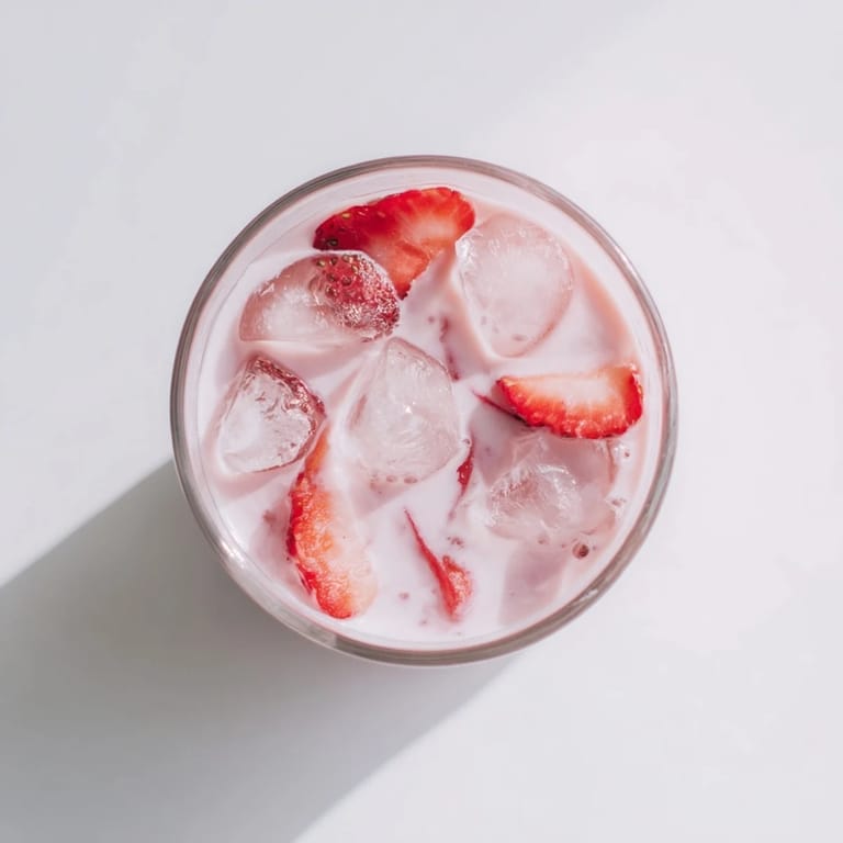 Refresher Copycat Pink Drink served chilled in a clear glass with pink strawberry swirls and a mint garnish.  