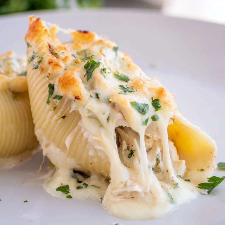 Jumbo pasta shells filled with creamy chicken Alfredo mixture, topped with mozzarella and Parmesan cheese in a baking dish.
