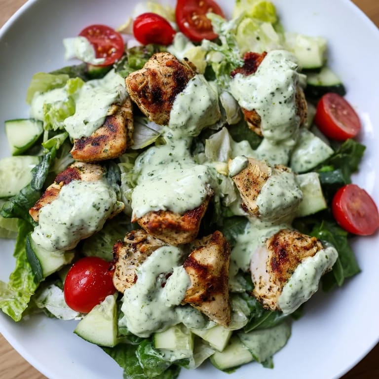 Warm chunks of seasoned chicken breast over crisp romaine and celery, drizzled with tangy homemade avocado ranch dressing.