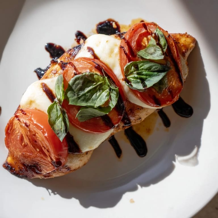 Golden seared chicken breasts in a Caprese Chicken Skillet, topped with bubbling mozzarella and drizzled with balsamic glaze.