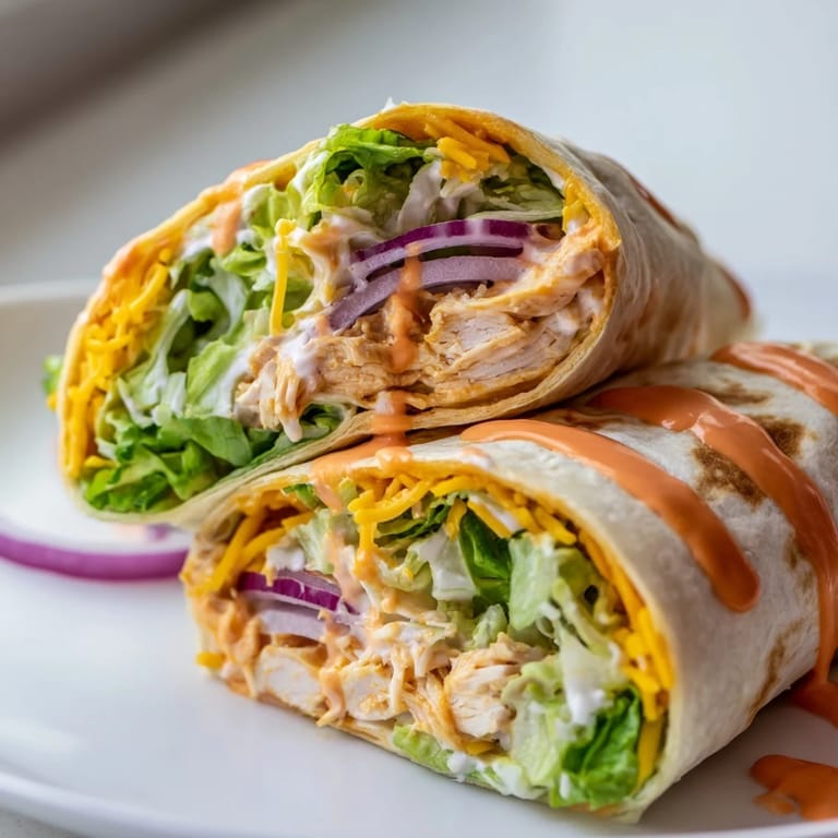 A vibrant plate with two Buffalo Ranch Chicken Wraps, one cut in half, garnished with celery sticks and extra ranch dressing for dipping.