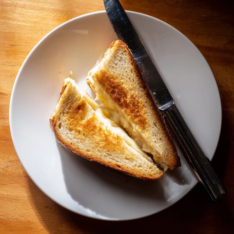 A close-up of a Three-Cheese Grilled Cheese slice showing the gooey mozzarella, cheddar, and provolone melt.