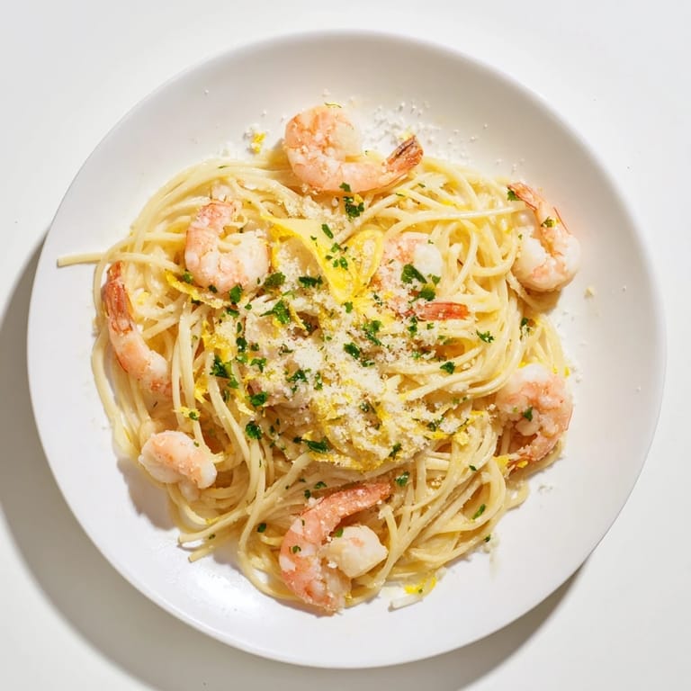 Skillet of Lemon Garlic Shrimp Pasta featuring juicy shrimp tossed with spaghetti in a bright garlic and lemon sauce.