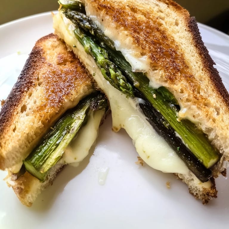 Melted Brie and lightly grilled asparagus layered between toasted sourdough slices, ready to be enjoyed with a crisp green salad.