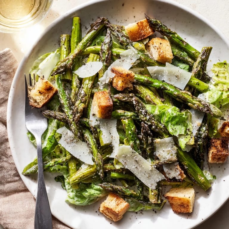 Served on a white plate, this Roasted Asparagus Caesar Salad highlights golden croutons, shaved Parmesan, and a creamy yogurt dressing.