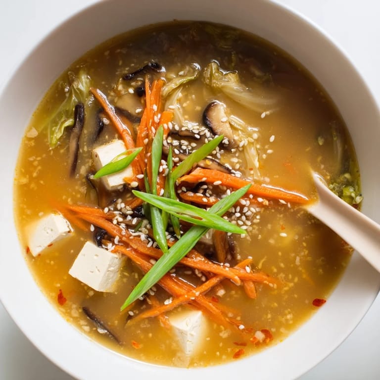 Ginger-Miso Winter Soup served in a rustic bowl, garnished with toasted sesame seeds and fresh scallions, ready to enjoy.