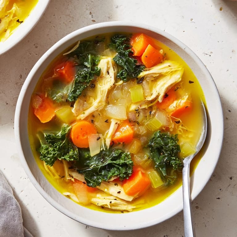 Vibrant High Protein Lemon and Turmeric Chicken Soup garnished with fresh parsley and lemon wedges, ready to serve on a cozy table.