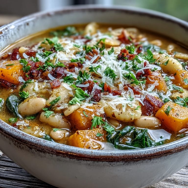 Dutch oven of simmering Fall Minestrone featuring tender squash, kale, and pancetta, perfect for autumn meal prep.