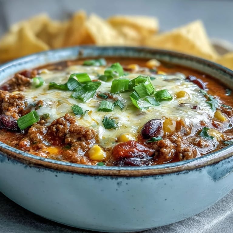 Spoon lifting a ladle of Creamy Taco Soup, showing creamy texture with melted cheese and hearty Tex-Mex toppings like sour cream and cilantro.
