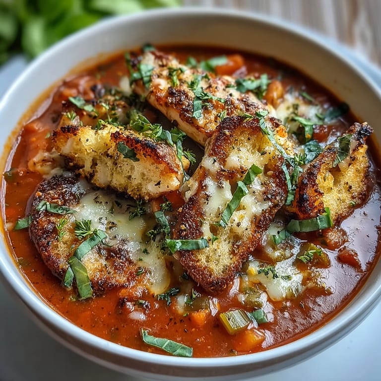 Grilled chicken simmered in tomato broth topped with Parmesan and mozzarella for Grilled Chicken Parmesan Soup.