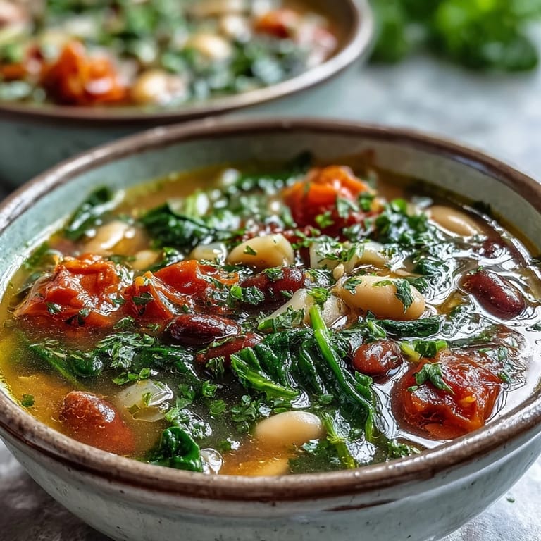Close-up of vibrant Minestrone Soup featuring tender vegetables, beans, and pasta swimming in a rich tomato broth.