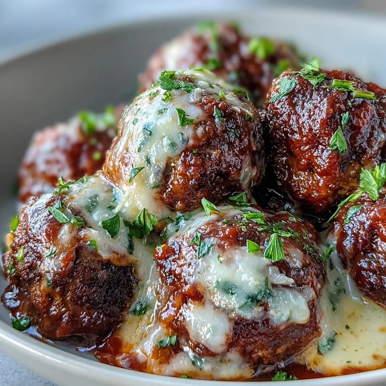 Tender, garlicky Italian meatballs topped with melted mozzarella, resting in a savory tomato sauce over a bed of al dente spaghetti.
