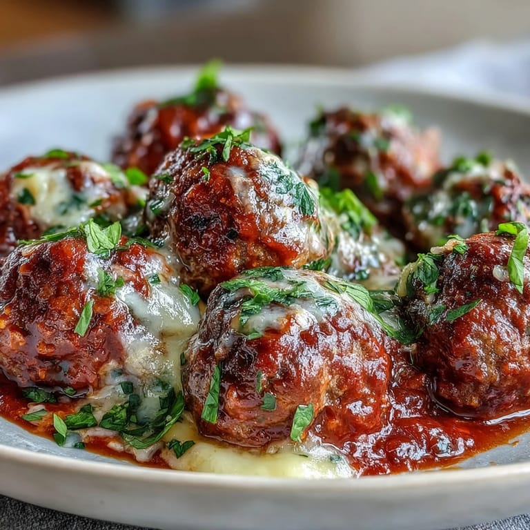 Sizzling, oven-baked meatballs coated in a glossy marinara sauce, with steam rising and melted cheese pulling from the center.