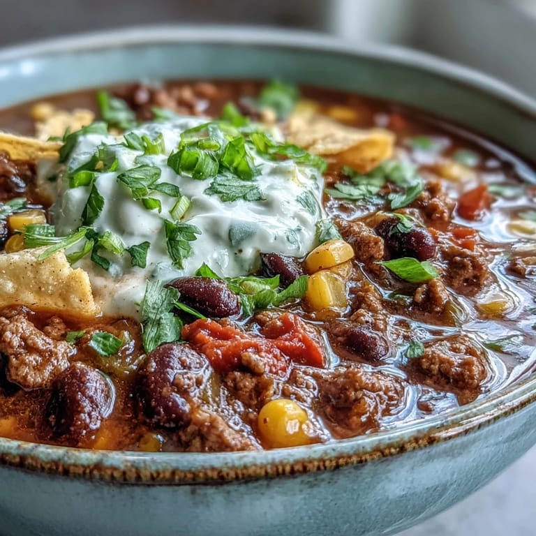 A colorful serving of Taco Soup in a rustic bowl, garnished with crushed tortilla chips, fresh cilantro, and jalapeños, alongside a lime wedge for extra zest.