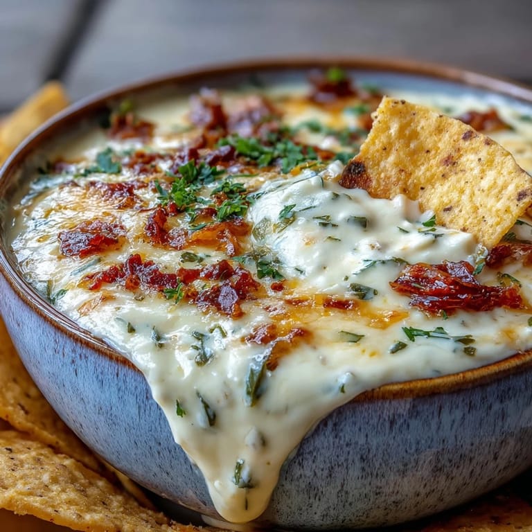 Golden, melty queso dip topped with tomatoes and green onions is ready to serve alongside crunchy tortilla chips for parties.
