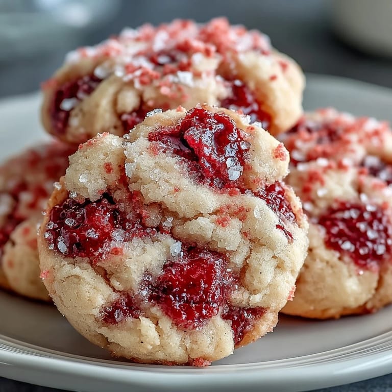 Golden Soft Chewy Raspberry Sugar Cookies on a cooling rack with cracked tops and berry specks.