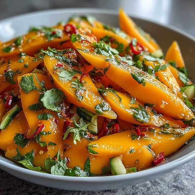 A close-up of this Thai-inspired mango salad showcases juicy mango strips, crunchy red bell pepper, and thin red onion. The salad is dotted with fresh cilantro leaves and subtle red chili slices, glistening with a light lime dressing. A fork rests beside the bowl, inviting a bite of this easy, vegetarian, gluten-free meal.