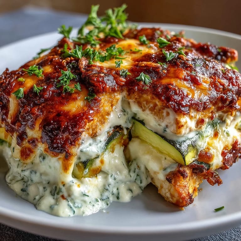 Close up of baked High Protein Chicken Zucchini Bake with bubbly cheese topping and creamy Greek yogurt egg blend on zucchini.