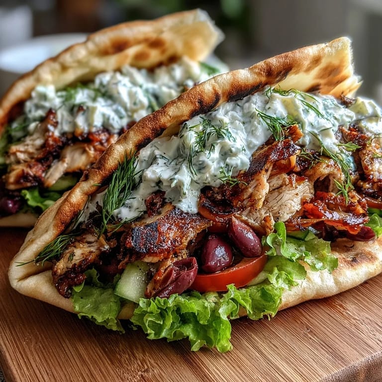Sizzling, garlicky Mediterranean Chicken Gyros layered with crisp lettuce, red onions, and a cool, tangy feta tzatziki sauce.