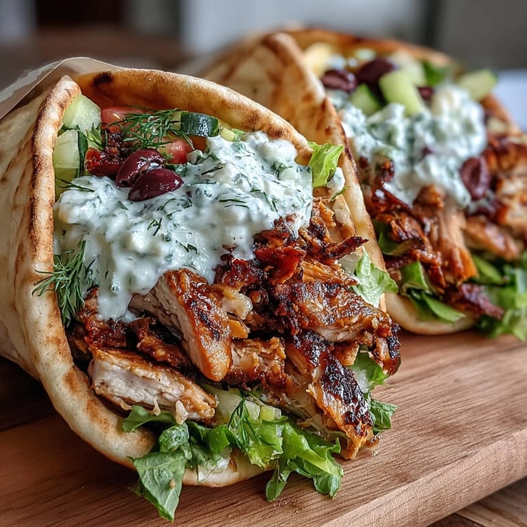 Freshly assembled Mediterranean Chicken Gyros ready to eat, garnished with Kalamata olives and dill served with lemon wedges.