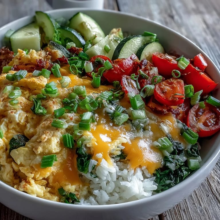Top-down view of a warm scrambled egg and veggie bowl garnished with fresh green onions.