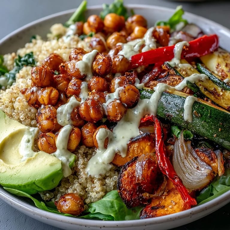 A close-up of Roasted Chickpea Power Bowl with creamy tahini dressing and avocado slices over a bed of fresh spinach.