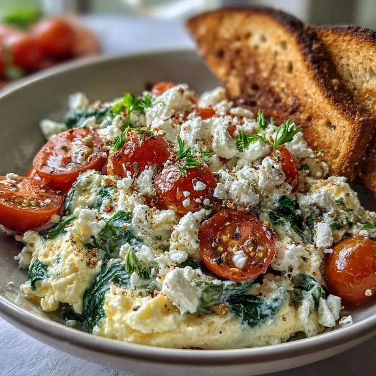 Savory Spinach and Feta Breakfast Bowl plated with golden scrambled eggs, wilted greens, and crumbled feta cheese.