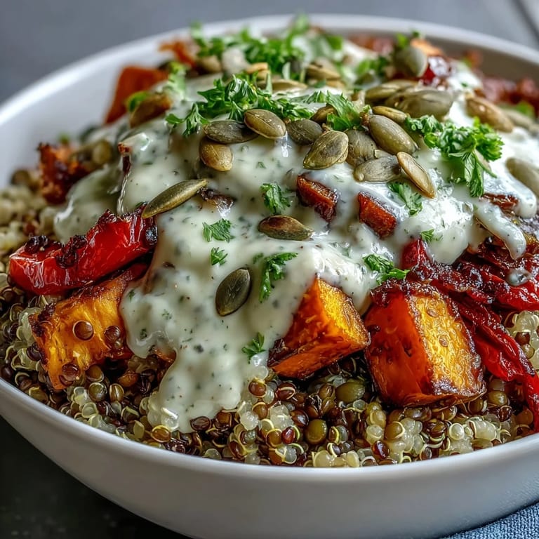 A warm, close-up view of a vegan Lentil Power Bowl topped with caramelized vegetables and pumpkin seeds.