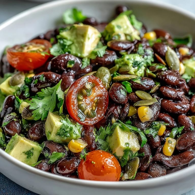 Healthy Black Bean and Veggie Bowl with creamy avocado, pumpkin seeds, and feta, served in white bowls for an easy lunch.