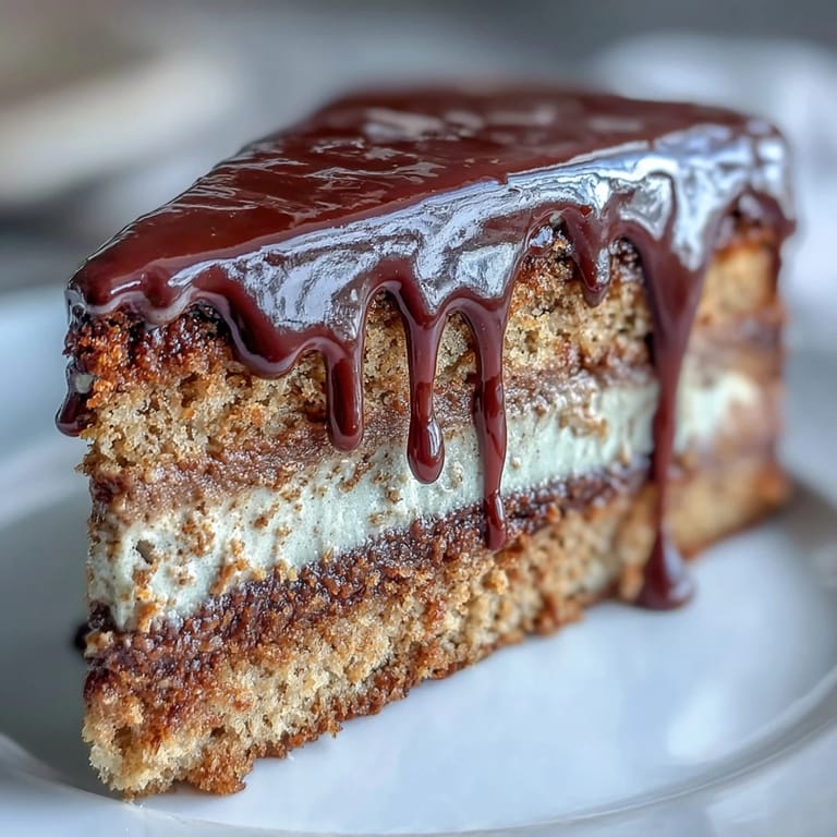 Moist Hojicha Butter Cream Cake layers, rich ganache drips, served with steaming green tea on a ceramic plate.