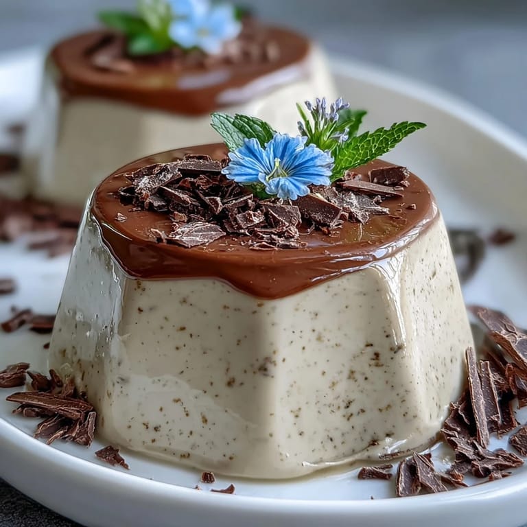 Smooth Hojicha Panna Cotta unmolded on a plate with roasted nut garnish.