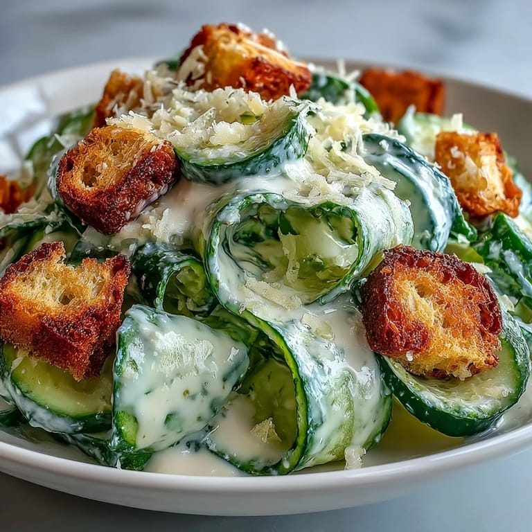 Close-up of a vibrant Cucumber Caesar Salad, highlighting crisp cucumber rounds, golden croutons, and rich, tangy dressing.