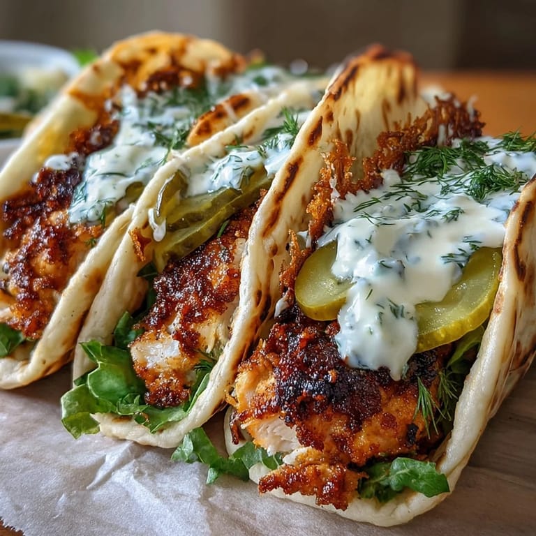 Smashed ranch-seasoned chicken thigh nestled in a soft tortilla with melted cheese lace, pickles, and fresh lettuce for a flavorful taco night.